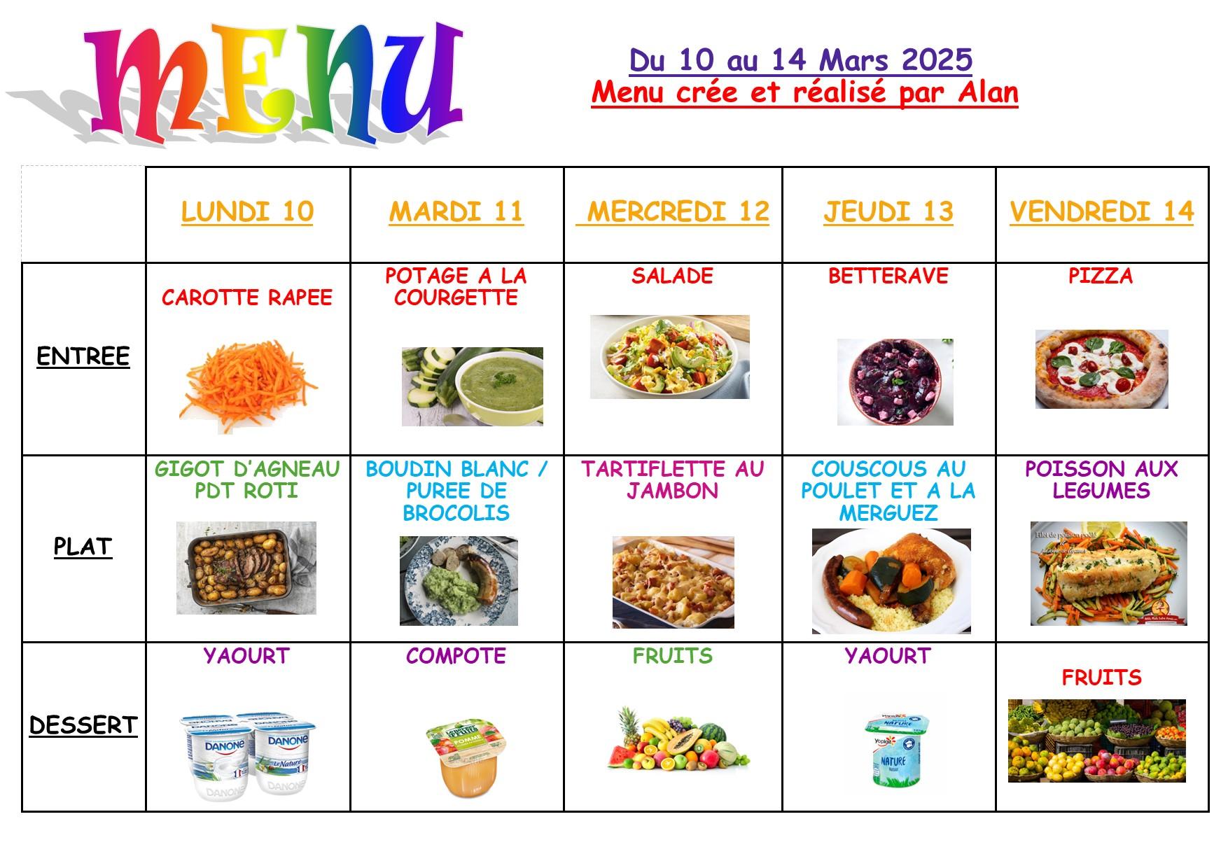 Menu du 10 au 14 mars 2025