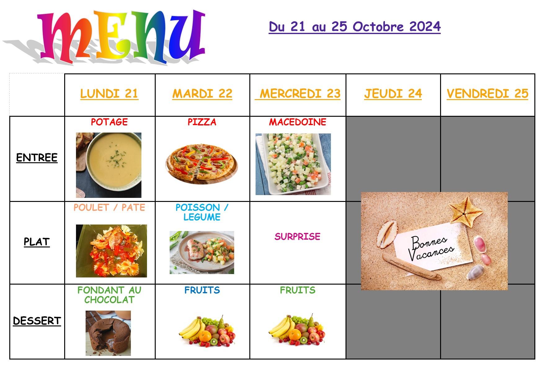 Menu du 21 au 25 octobre 2024